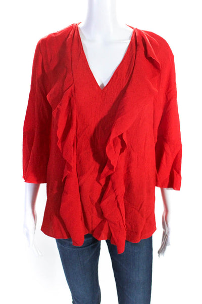 Elie Tahari Womens 3/4 Flare Sleeve Ruffled V Neck Textured Top Red Size Small