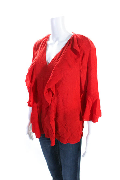 Elie Tahari Womens 3/4 Flare Sleeve Ruffled V Neck Textured Top Red Size Small