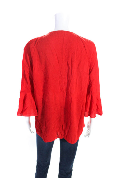 Elie Tahari Womens 3/4 Flare Sleeve Ruffled V Neck Textured Top Red Size Small