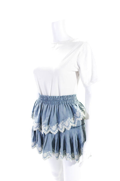 Love Shack Fancy Womens Blue Embroidered Layered A-Line Skirt Size XS