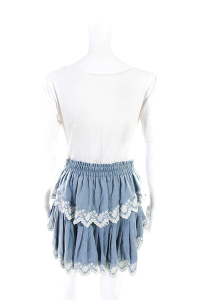 Love Shack Fancy Womens Blue Embroidered Layered A-Line Skirt Size XS