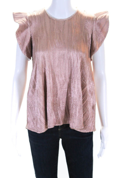 Hunter Bell Womens Metallic Pleated Short Sleeve Ruffle Trim Blouse Pink Size XS