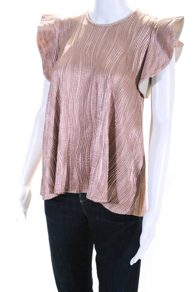 Hunter Bell Womens Metallic Pleated Short Sleeve Ruffle Trim Blouse Pink Size XS