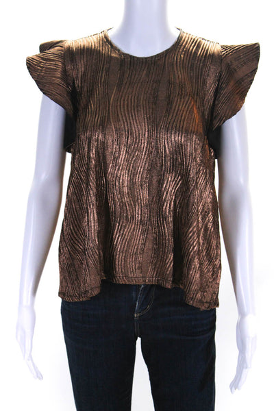 Hunter Bell Womens Metallic Pleated Short Sleeve Ruffle Blouse Copper Size XS