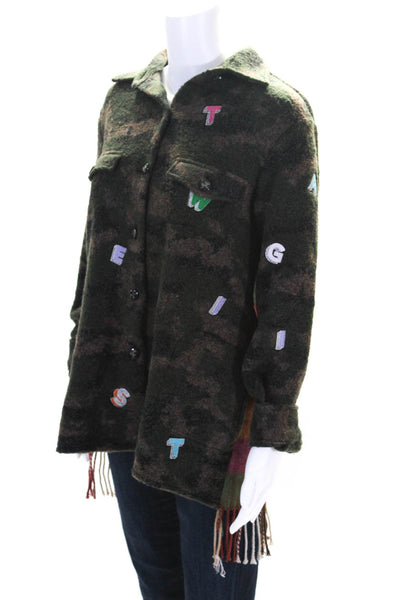 Vilagallo Womens Embroidered Letter Camo Button Up Jacket Green Brown Size IT 42