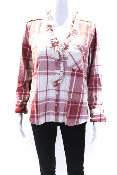 We The Free Womens Cotton Plaid Ruffled Fringe Trim Buttoned Top Red Size XS