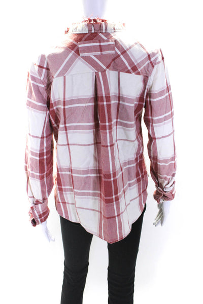 We The Free Womens Cotton Plaid Ruffled Fringe Trim Buttoned Top Red Size XS