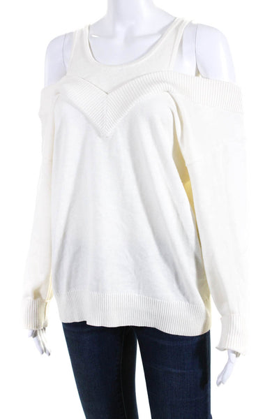 Naadam Womens Cotton Ribbed Knit Cold Shoulder Pullover Sweater White Size S