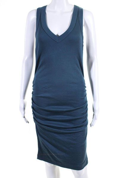 Michael Stars Womens Cotton Ribbed Knit Ruched Bodycon Tank Dress Blue Size L