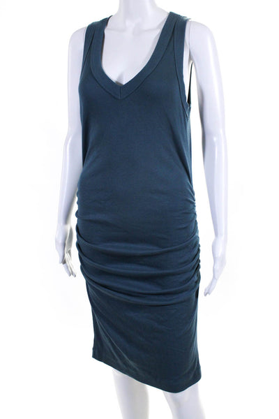 Michael Stars Womens Cotton Ribbed Knit Ruched Bodycon Tank Dress Blue Size L