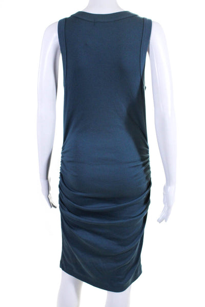 Michael Stars Womens Cotton Ribbed Knit Ruched Bodycon Tank Dress Blue Size L