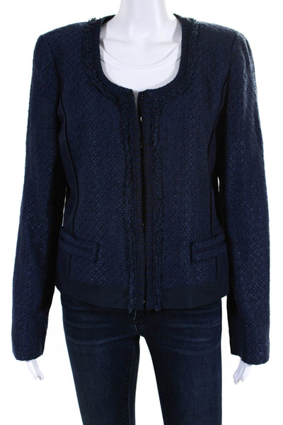 Elie Tahari For Nordstrom Womens Tweed Hook Closure Jacket Blue Cotton Size Larg