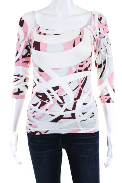 Emilio Pucci Womens Abstract Print Long Sleeves Tee Shirt White Pink Size Small