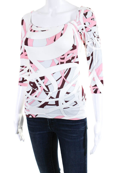 Emilio Pucci Womens Abstract Print Long Sleeves Tee Shirt White Pink Size Small