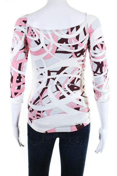 Emilio Pucci Womens Abstract Print Long Sleeves Tee Shirt White Pink Size Small