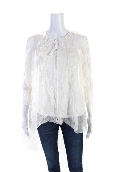 Elie Tahari Womens 3/4 Sleeve Pintuck Chiffon Y Neck Top Blouse White Size Small