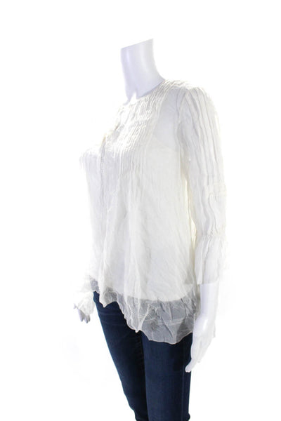 Elie Tahari Womens 3/4 Sleeve Pintuck Chiffon Y Neck Top Blouse White Size Small