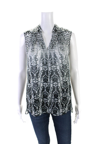 T Tahari Womens Leopard Damask Print Sleeveless V Neck Top Blouse Gray Small