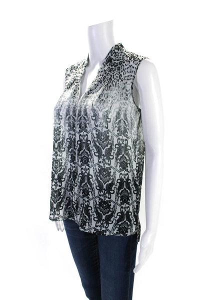 T Tahari Womens Leopard Damask Print Sleeveless V Neck Top Blouse Gray Small