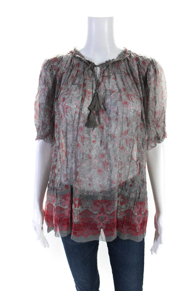 Elie Tahari Womens Short Sleeve Floral Y Neck Top Blouse Gray Red Pink Small