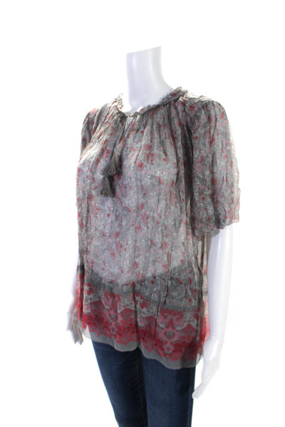 Elie Tahari Womens Short Sleeve Floral Y Neck Top Blouse Gray Red Pink Small