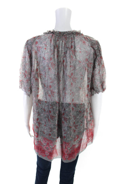 Elie Tahari Womens Short Sleeve Floral Y Neck Top Blouse Gray Red Pink Small