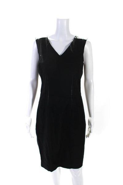 T Tahari Womens Faux Leather Trim V Neck Sleeveless Sheath Dress Black Size 6