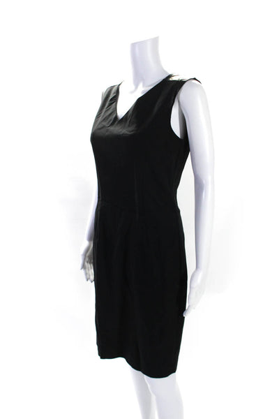 T Tahari Womens Faux Leather Trim V Neck Sleeveless Sheath Dress Black Size 6