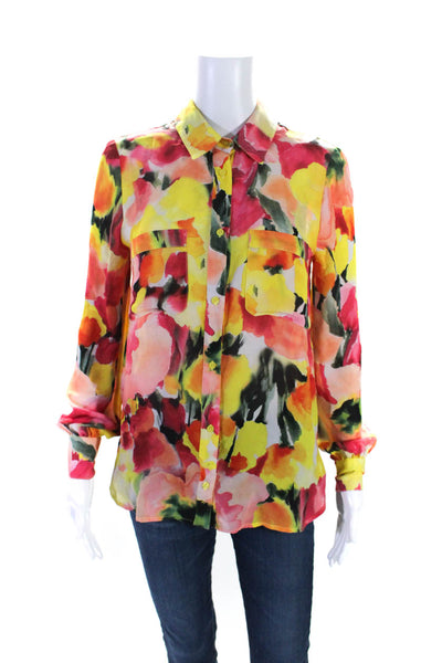 Haute Hippie Womens Orange Printed Silk Long Sleeve Button Down Blouse Top SizeS