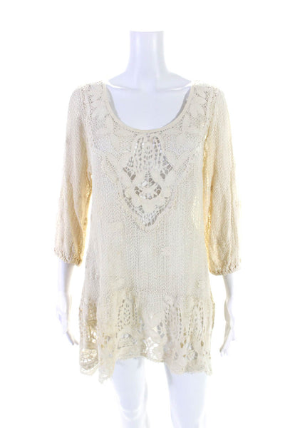 Eberjey Womens Beige Cotton Lace Scoop Neck 3/4 Sleeve A-Line Dress Size S/M