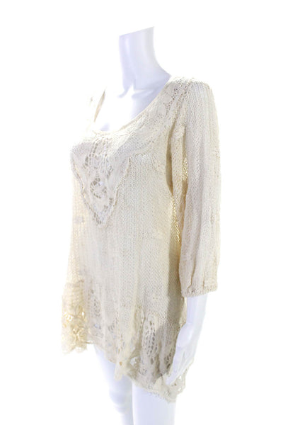 Eberjey Womens Beige Cotton Lace Scoop Neck 3/4 Sleeve A-Line Dress Size S/M
