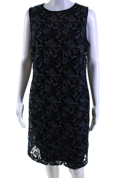 Lauren Ralph Lauren Womens Metallic Floral Embroidered Sheath Dress Navy Size 12