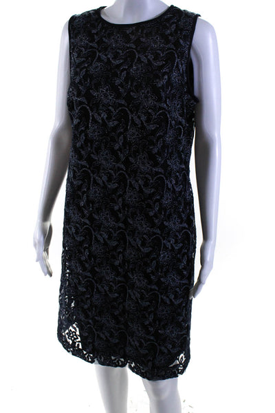 Lauren Ralph Lauren Womens Metallic Floral Embroidered Sheath Dress Navy Size 12