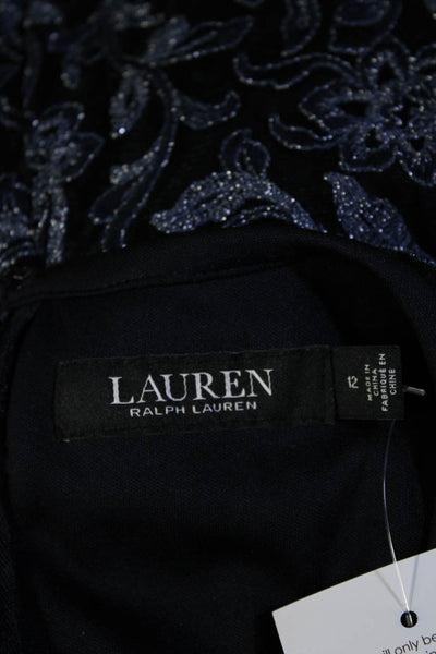 Lauren Ralph Lauren Womens Metallic Floral Embroidered Sheath Dress Navy Size 12