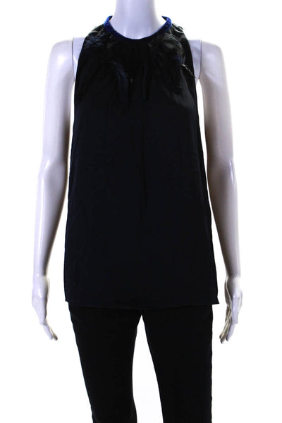 Elie Tahari Womens Silk Feather Trim Sleeveless Tank Top Navy Blue Size Small