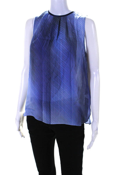 Elie Tahari Womens Striped Pleated Front Crew Neck Tank Top Blue Size Small