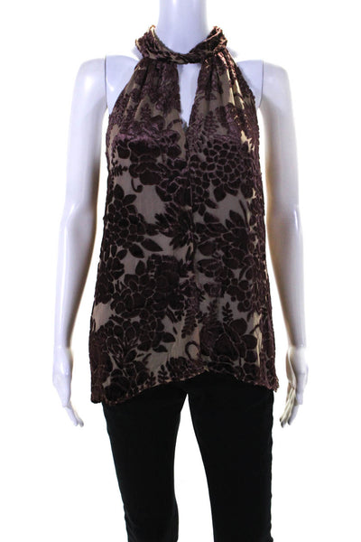 Elie Tahari Womens Velvet Floral Print Halter Top Blouse Beige Purple Size Small