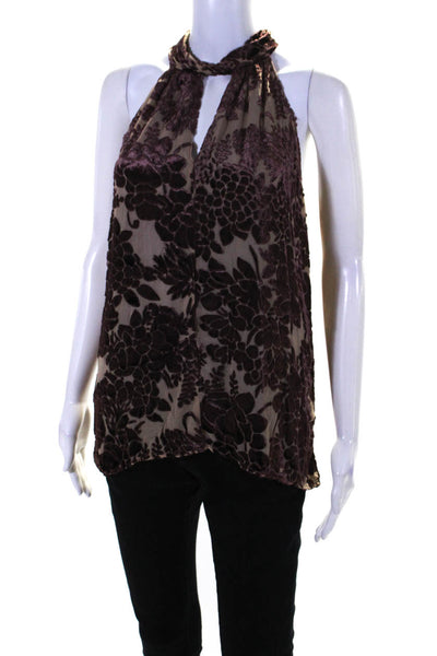 Elie Tahari Womens Velvet Floral Print Halter Top Blouse Beige Purple Size Small