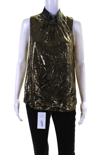 T Tahari Womens Lace High Neck Sleeveless Tank Top Foil Gold Black Size Small