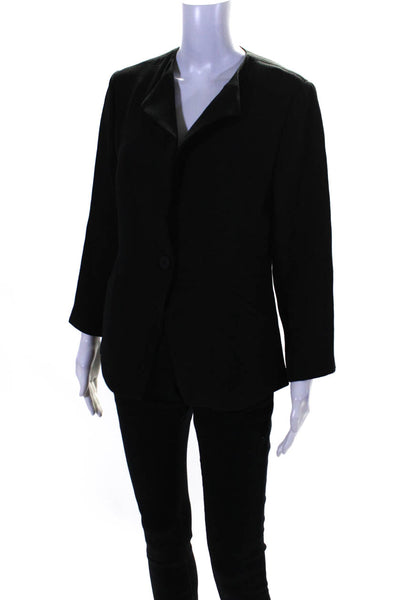 Elie Tahari Women's Collared Long Sleeves Two Button Blazer Navy Blue Size L