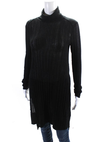 Free People Womens Thin Knit Turtleneck Tunic Side Split Sweater Black Size XS