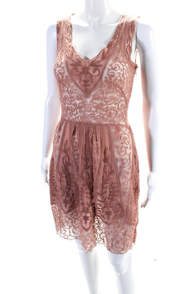 Yoana Baraschi Womens Embroidered Mesh Tulle V Neck Sheath Dress Pink Size 0