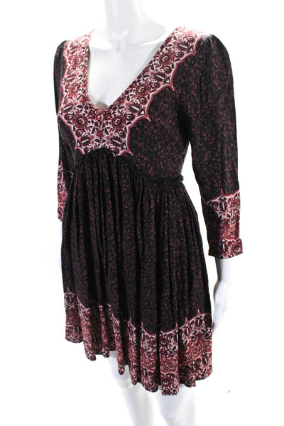 AltarD State Womens Long Sleeve Paisley Floral A Line Dress Black Pink Size XS