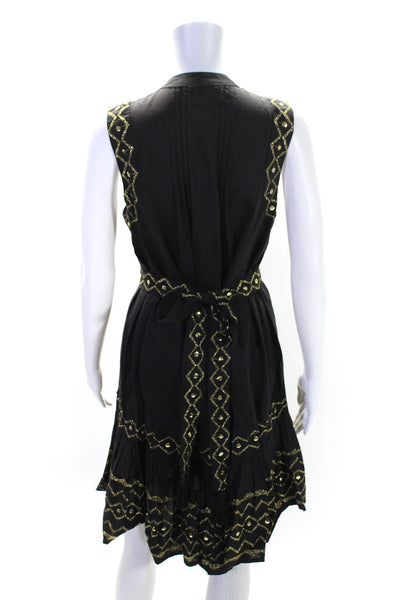 Pranella Womens Metallic Embroidered V-Neck A-Line Belted Dress Black Size S