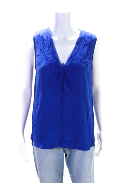 Elie Tahari Womens Sleeveless V Neck Fringe Boxy Silk Top Blue Size Small