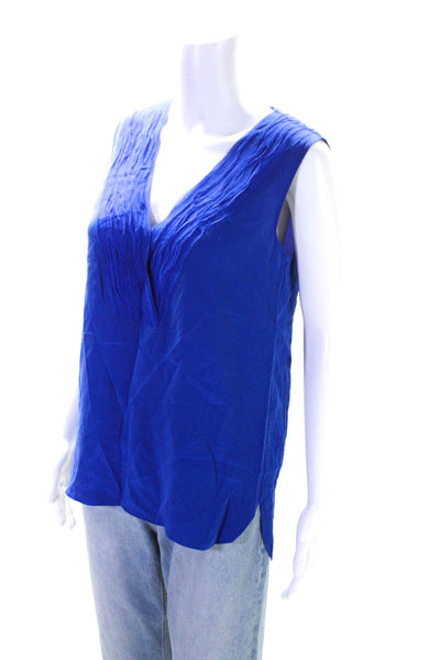 Elie Tahari Womens Sleeveless V Neck Fringe Boxy Silk Top Blue Size Small