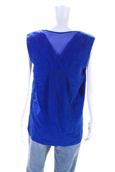 Elie Tahari Womens Sleeveless V Neck Fringe Boxy Silk Top Blue Size Small