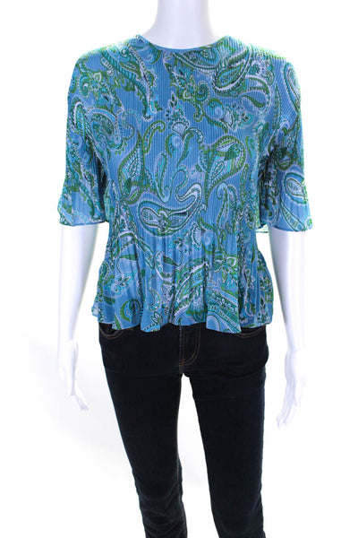 Boden Womens Paisley Print Accordion Pleated Half Sleeve Blouse Top Blue Size 8