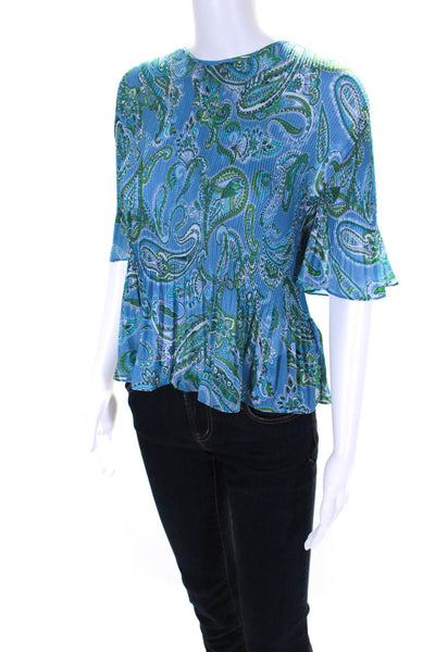 Boden Womens Paisley Print Accordion Pleated Half Sleeve Blouse Top Blue Size 8