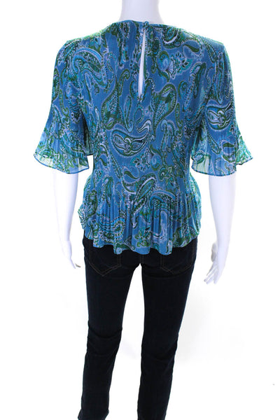 Boden Womens Paisley Print Accordion Pleated Half Sleeve Blouse Top Blue Size 8